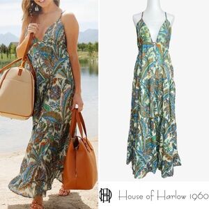 House of Harlow 1960 Open Tie-Back Tiered Maxi Dress
Blue Ivory Medium NWT